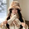 Stylish Milk Tea Color Hat Women Spotted Deer Hat, Faux Fur Bucket Winter Scarf, Brown White Gradient Soft Cozy Furry Fisherman for Girls, Autumn