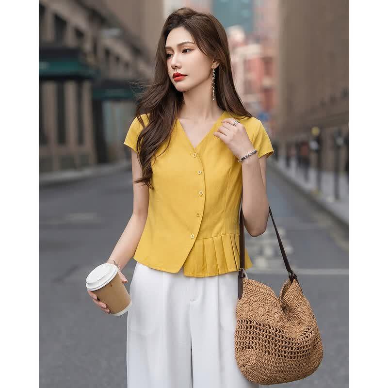 TERRE BLEUE Women's Summer V-Neck Shirt & Wide-Leg Pants Set