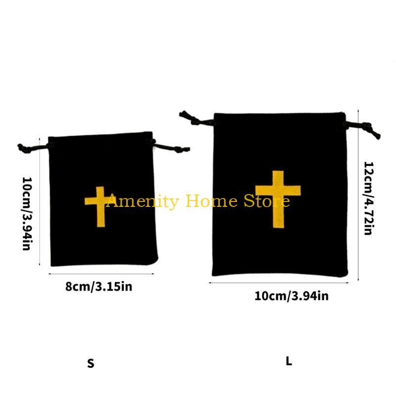 F26C Pack Of 10 Velvets Drawstring Bags Rosary Bags Jewelry Gift Pouches Featurings Crosses Designs For Jewelry Storage