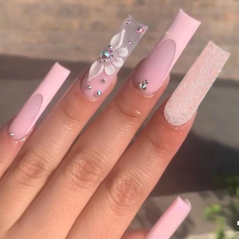 Long Press-On Nails With Glitter French Tips Floral Design Rhinestone Decor 24pcs Ready-to-Wear Nail Art Set Gel Adhesive Type