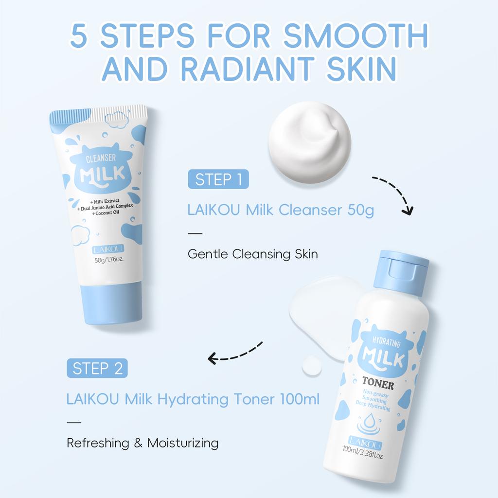 LAIKOU Milk Glowing Skincare Set 5pcs Hydrating Smoothing Improve Texture Reveal Radiance Refine Firmness