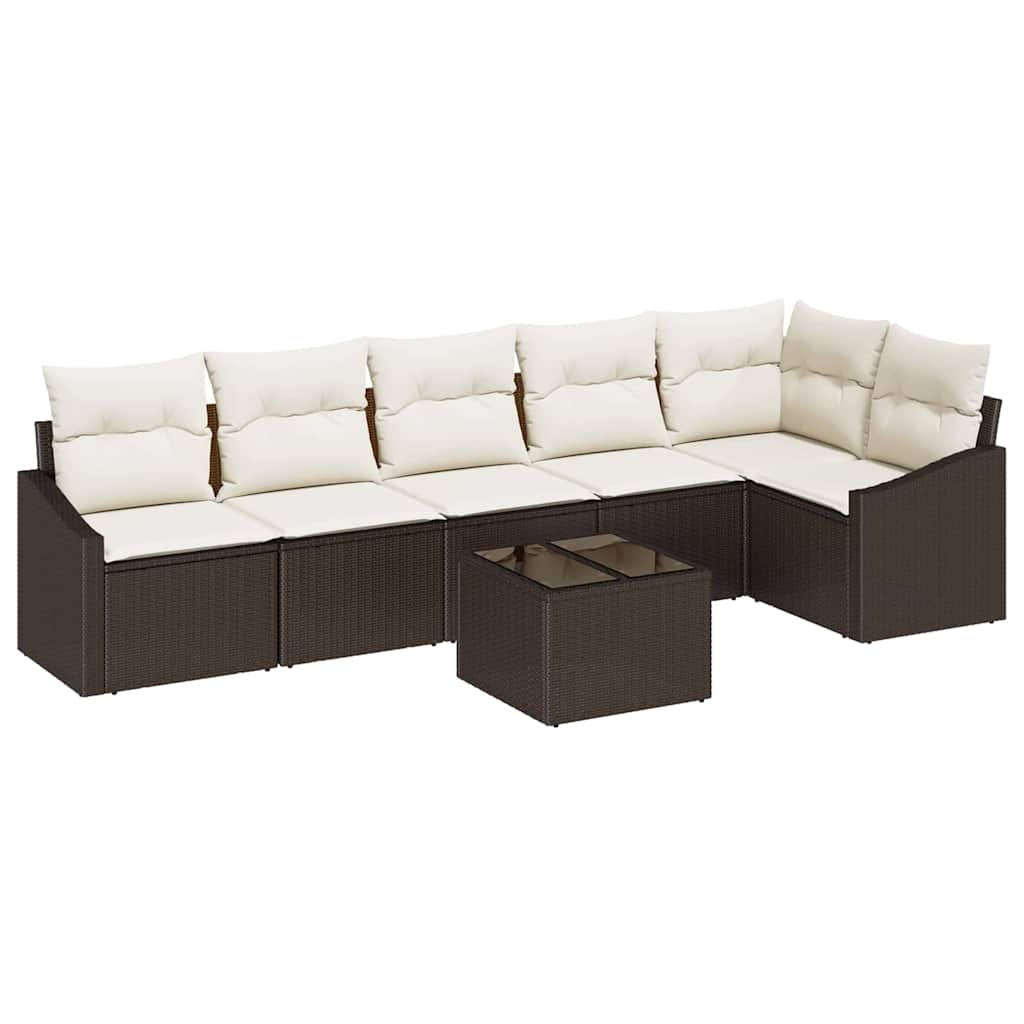 7 Piece Sofa Set with Cushions Brown Poly Rattan
