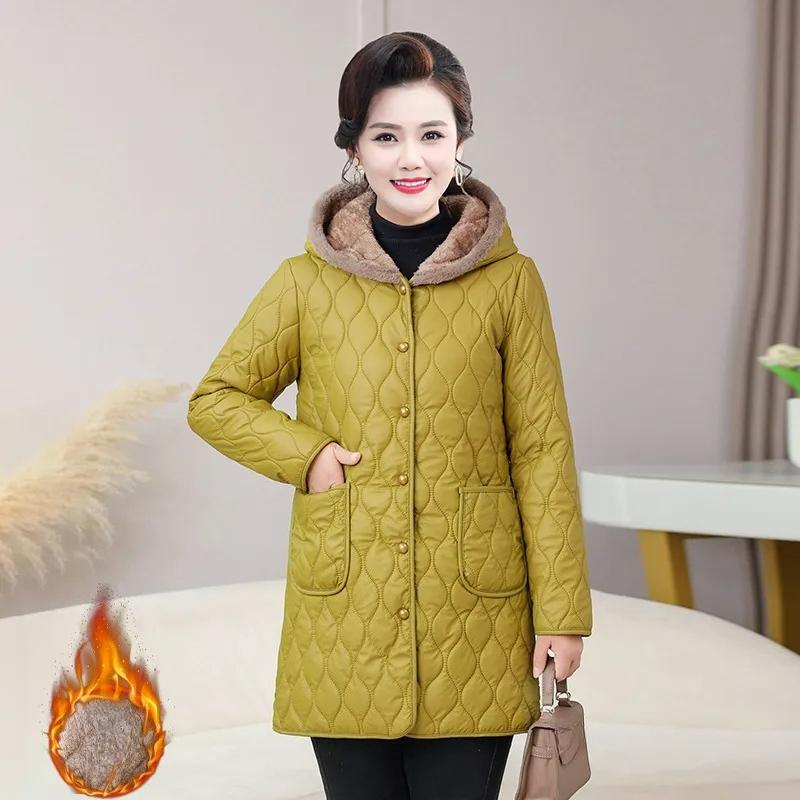 Mother's Mid-length Padded Jacket Winter Western Style Plus Velvet Thick Hooded Padded Jacket Fashion Middle-aged Jacket Padded Jacket