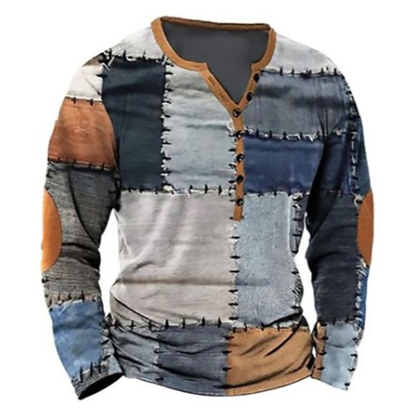

Men s Long Sleeve 3-Button T-Shirt with Color Block Design Fashion Digital Print Casual Outdoor 3XL