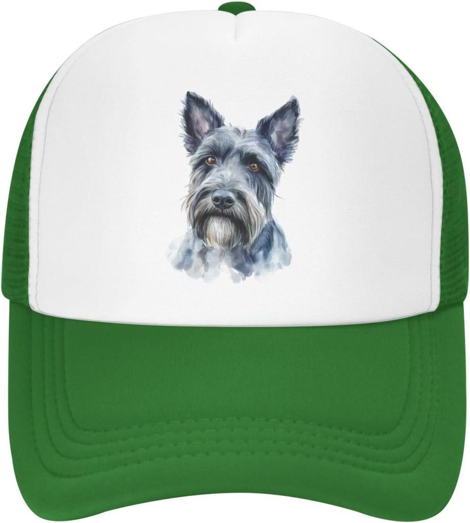 Scottish Terrier Portrait Trucker Hat Watercolor Dog Breed Mesh Baseball Cap Adjustable Outdoor Headwear