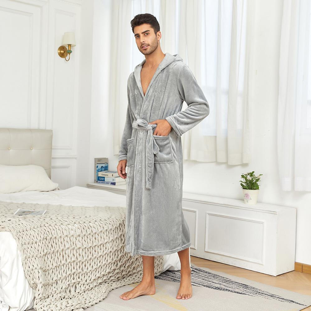 Hooded Robes for Men Full Length Spa Bathrobes Soft House Sleepwear Coat with Hood and Pockets Men's Winter Warm Plush Fleece Robe Hooded Fluffy Robes