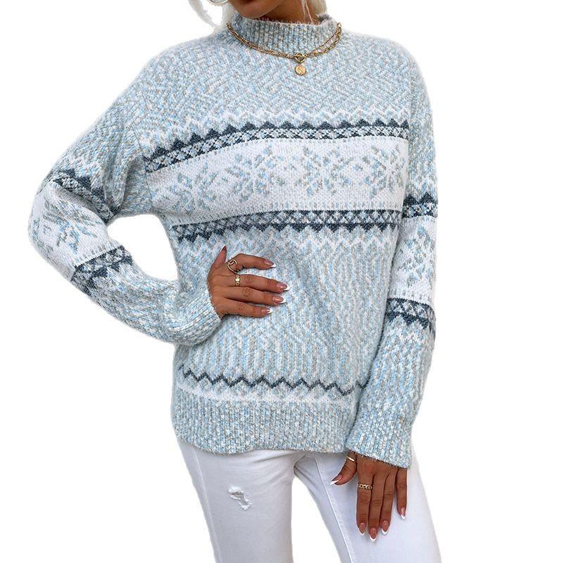 Contrasting Color Knitted Sweater Autumn and Winter European and American Christmas Snowflake Pullover Chenille Semi-turtleneck Sweater