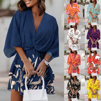 Women's Summer Sexy V Neck Bat Sleeve Lace Up Loose Boho Floral Print Dress