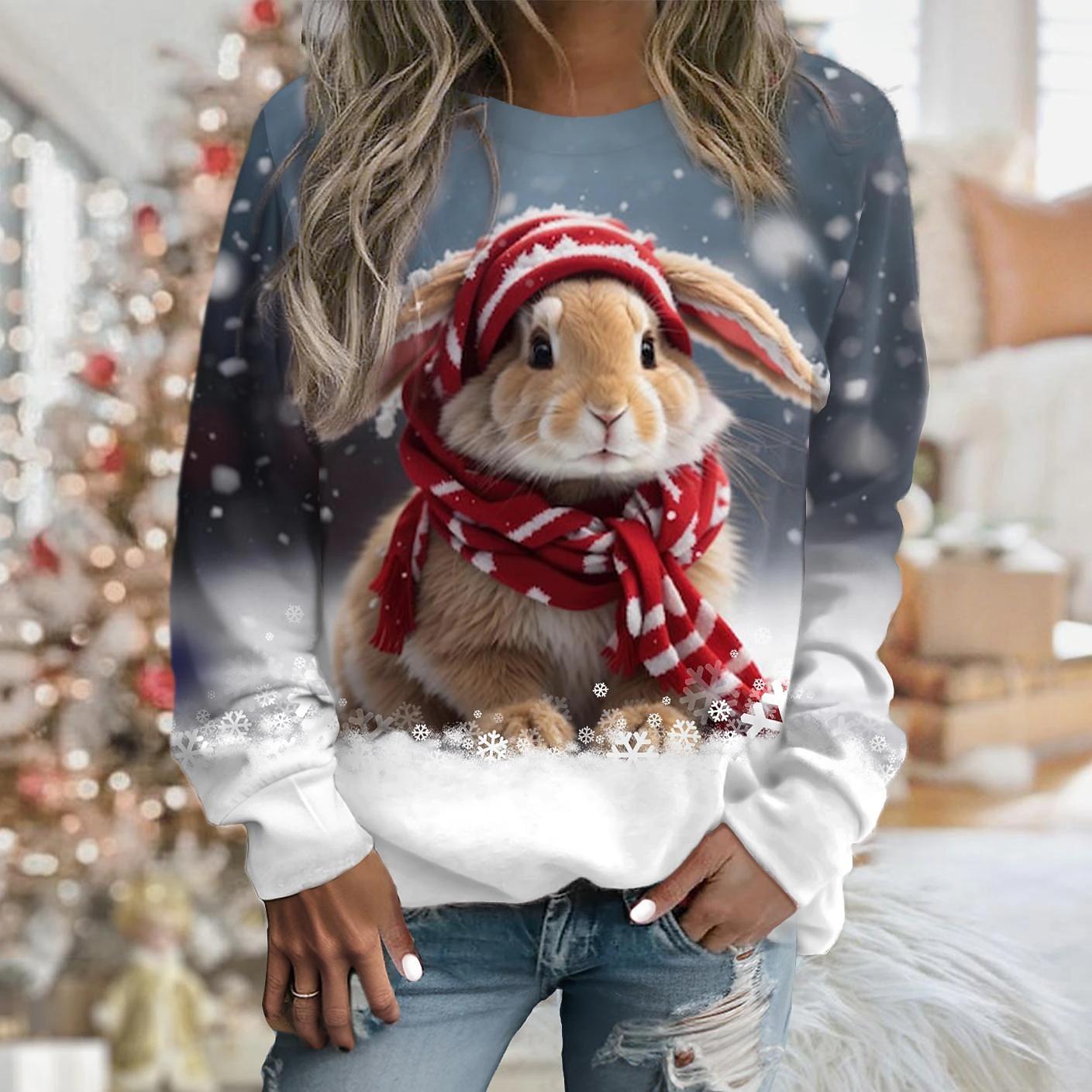 

Уродливый рождественский свитшот, женский свитшот, пуловер, спортивная одежда с принтом кота, праздничный принт, футболка Y2k, повседневный топ с круглым вырезом и длинными рукавами M