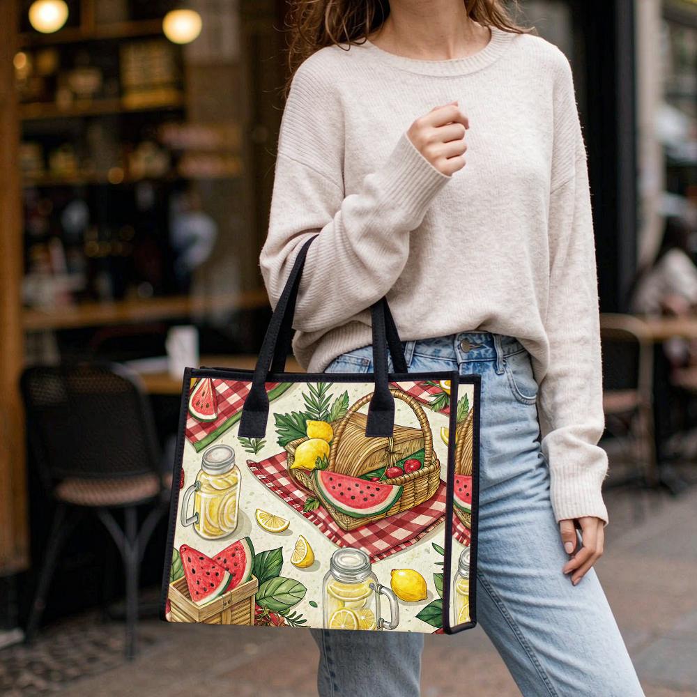 Summer Picnic Pattern Tote Bag Casual Daily Handbag Lightweight Shopping Carry Pouch for Outdoor