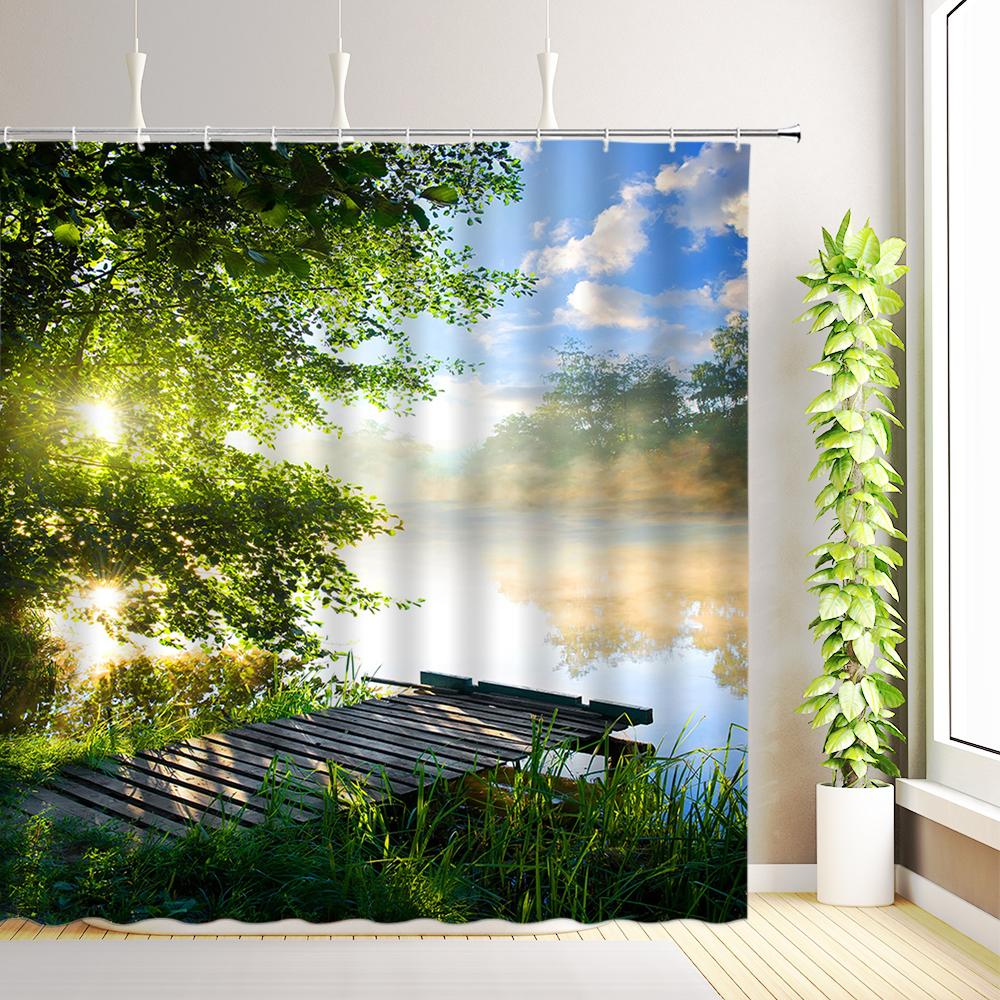 Forest Waterfall Nature Scenery Shower Curtain Flowers Green Plant Trees Birds Animals Home Decor Bathroom Curtains With Hooks