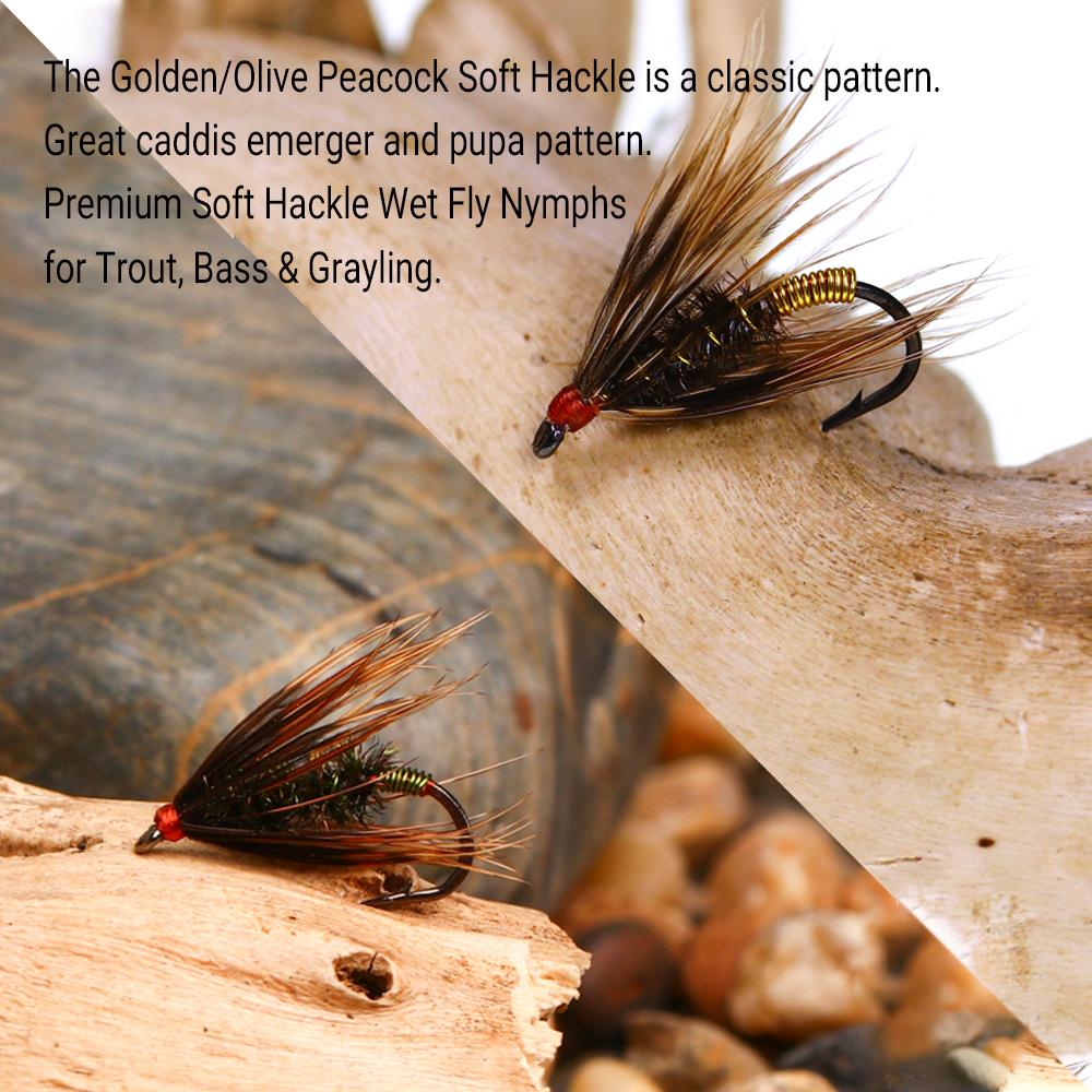 6PCS 12# Peacock Soft Hackle Copper Wire Wet Fly Nymph Rib Artificial Insect Baits Trout Bass Grayling Fishing Lures