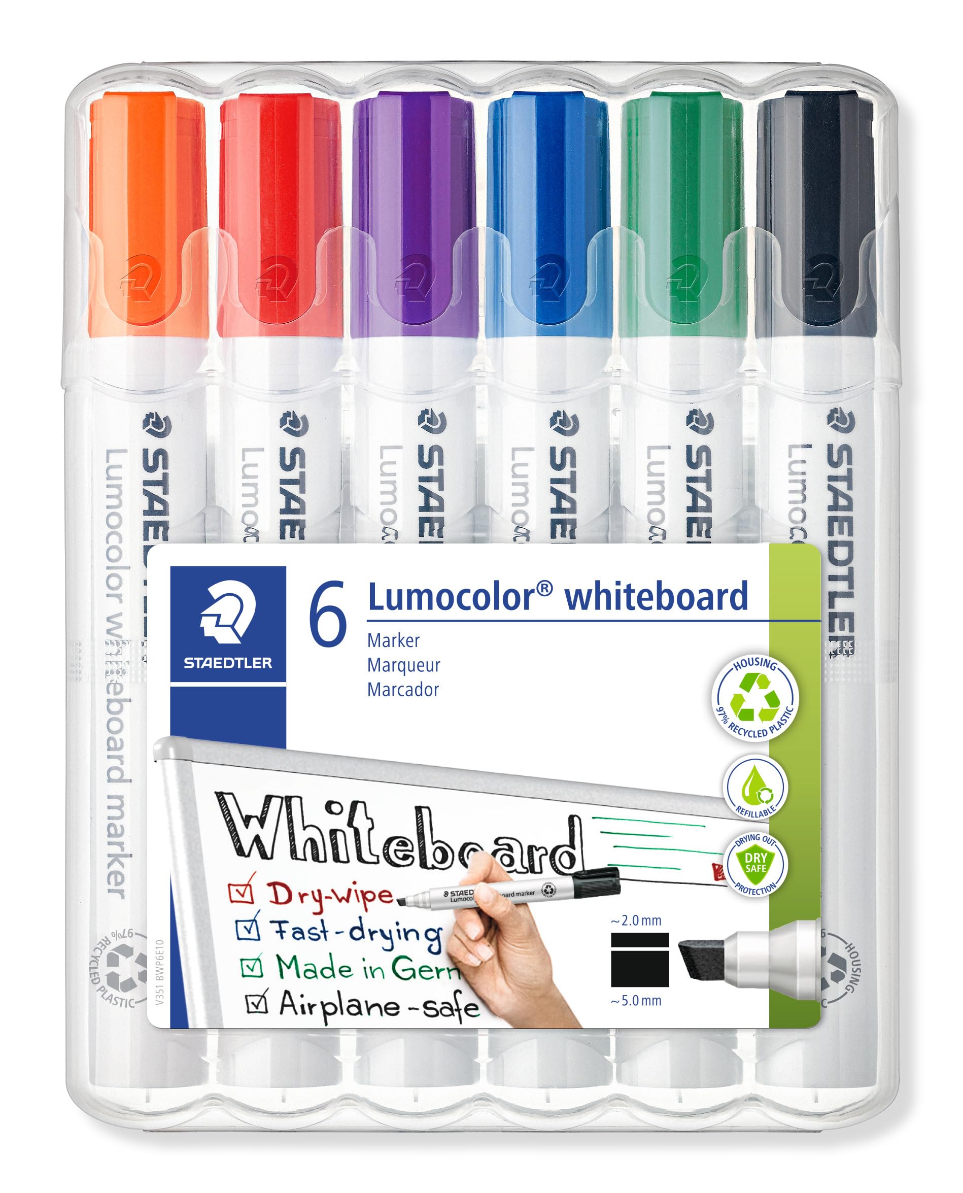 

STAEDTLER Lumocolor Square Tip Whiteboard Markers, Bold, 6 Colors, 351 B WP6