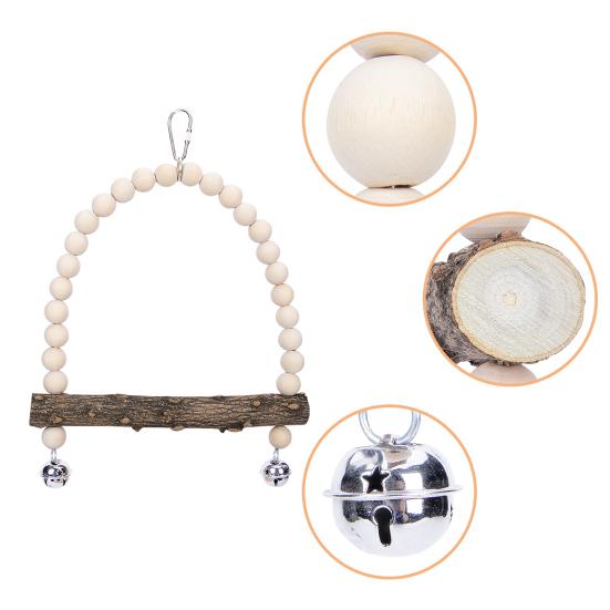 Bird Swing Toy with Beads Bells Teeth Grinding Natural Wooden Parrot Perch Hanging Swings Toy Bird Supplies