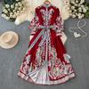 Elegante Vintage Bloemrijke Maxi Jurk Dames Lange Mouw Geplooide Jurk met Vetersluiting Hoge Kraag Enkele Rij Knopen Lente Herfst Jurken