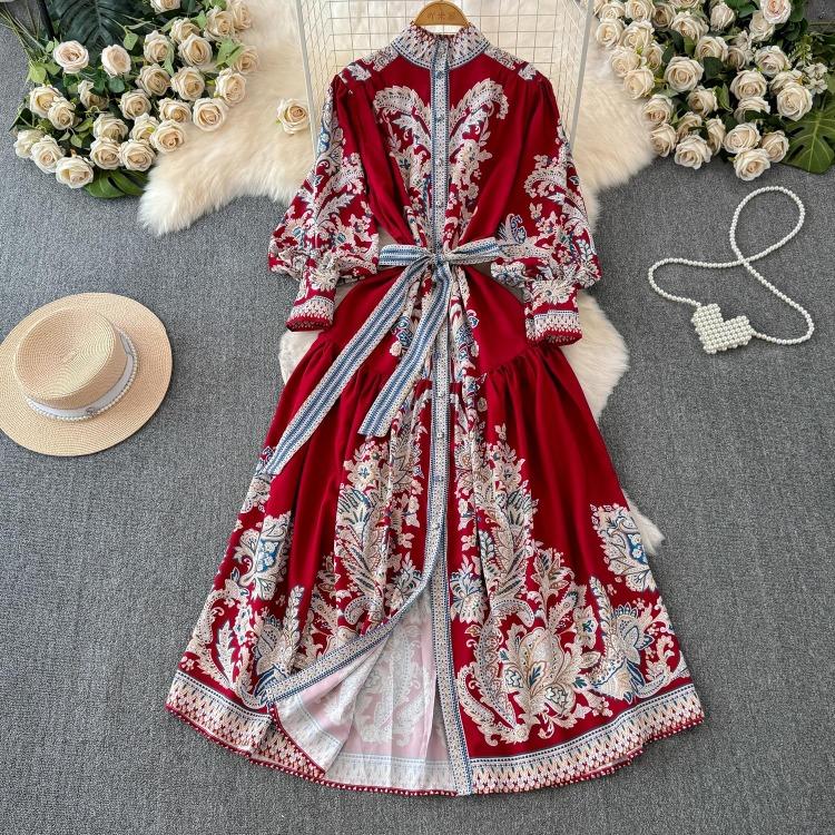 Elegante Vintage Bloemrijke Maxi Jurk Dames Lange Mouw Geplooide Jurk met Vetersluiting Hoge Kraag Enkele Rij Knopen Lente Herfst Jurken
