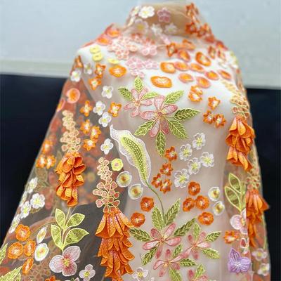 1 Yards 3D Floral Lace Embroidery Fabric Flower Embroidery Mesh Colorful Thread Fabric For Sewing Wedding Evening Dress
