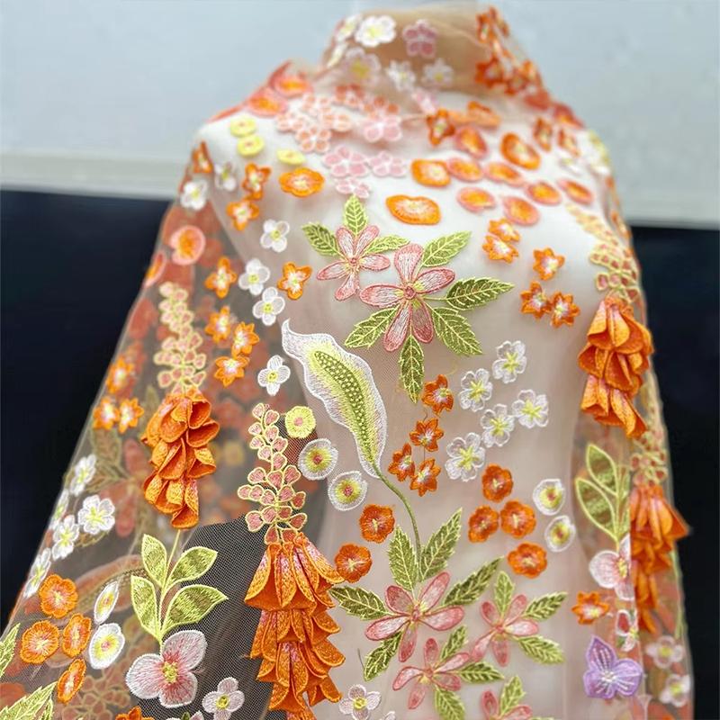 1 Yards 3D Floral Lace Embroidery Fabric Flower Embroidery Mesh Colorful Thread Fabric For Sewing Wedding Evening Dress