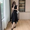 Women's Summer Fashion Irregular Midi Dress - Black Round Neck with Short Sleeves