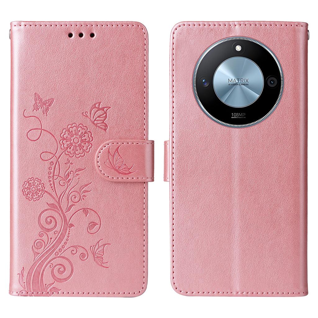 For Honor X60 5G Leather Case Butterfly Floral Imprint Wallet Stand Cover