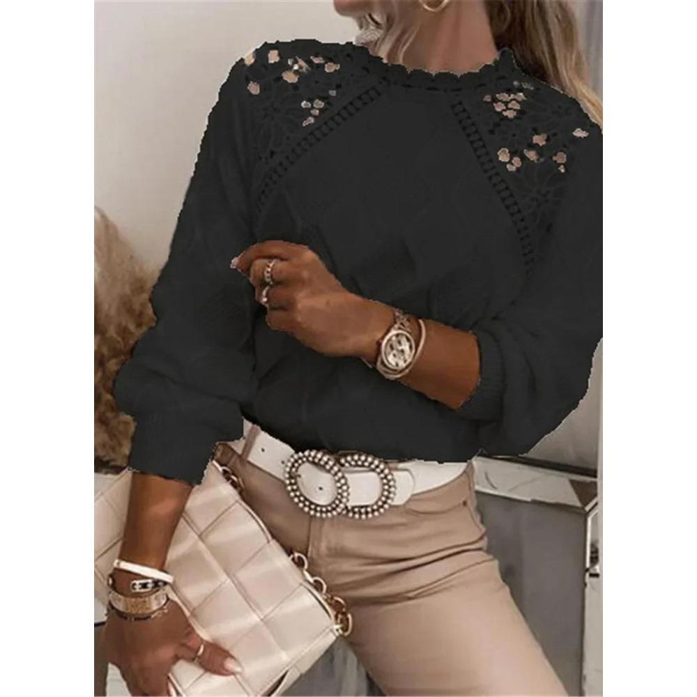 Pull pour femme en dentelle tricotée printemps 2025 Blanc col rond manches longues Chaud ample Pulls Vêtements décontractés tendance pour femme