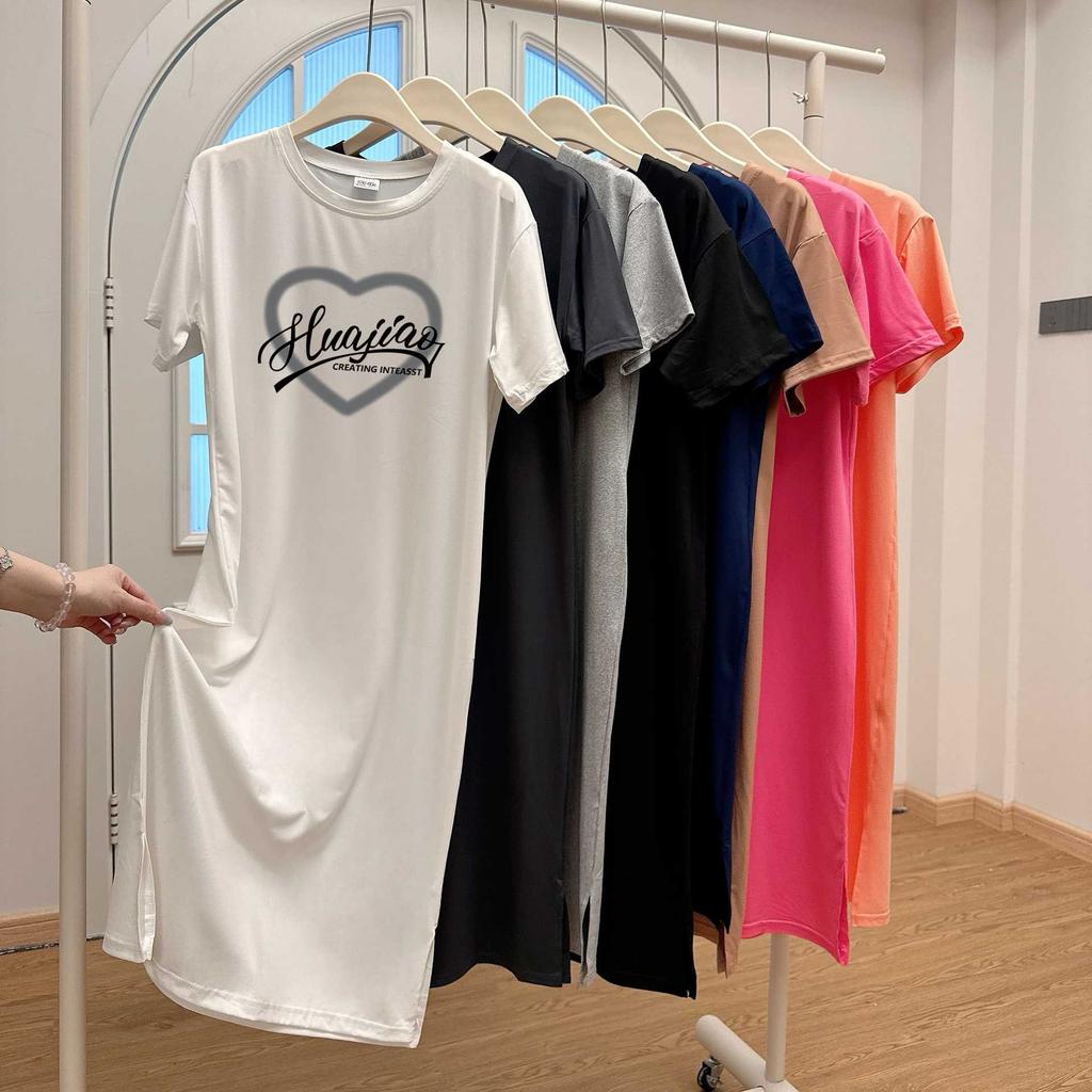 A Loose, Large-sized, Hong Kong-style Design Short-sleeved, Mid-length, Slit T-shirt Dress for Women In Summer