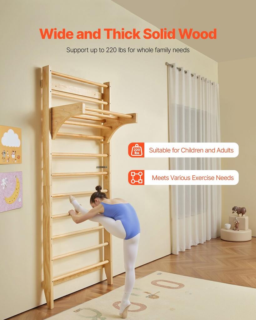 Swedish Ladder Wall Gym, 10-Level Solid Wood Indoor Jungle Gym, 220lbs Loading Indoor Playground Climbing Ladder for Kid Adults, Gymnastic Stall Bars