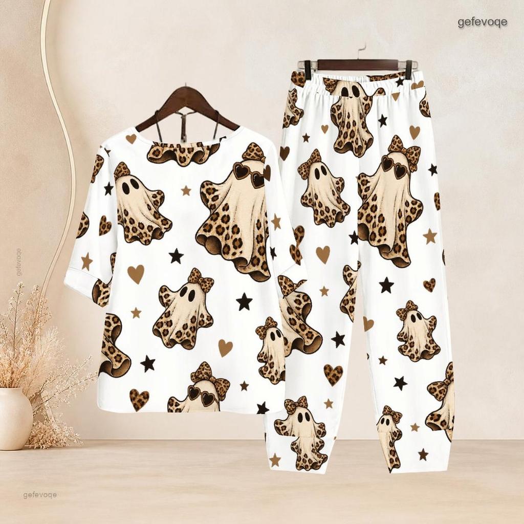 Women Plus Size White Printed Two Piece Set Crew Neck Half Sleeve Top Cross Hem Pants
