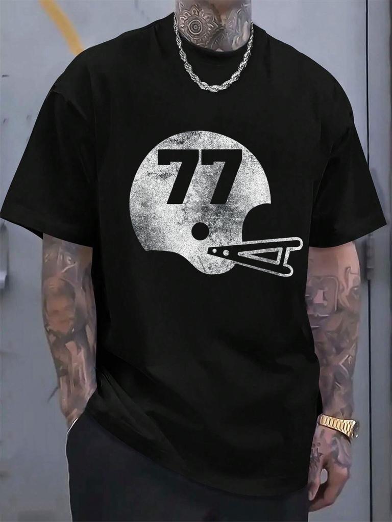 Men's & Women's Vintage Football Jersey Number 77 T-Shirt - Heavyweight 100% Cotton Sports Tee with Helmet & Number 77 Graphic