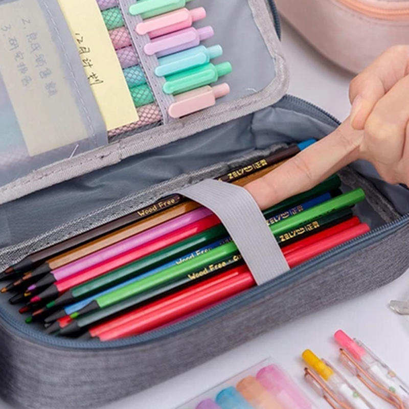 Handheld Double-layer Pencil Case Oxford Cloth Solid Color Student Case Pencil with Pen Clip Compartment Storage Bag School Stationery