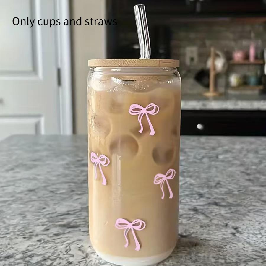 

Simple Coke Cup Heat Resistant High Beauty Cute Portable Bow Glass Straw Juice Milk Tea Gift Cup 301-400ml