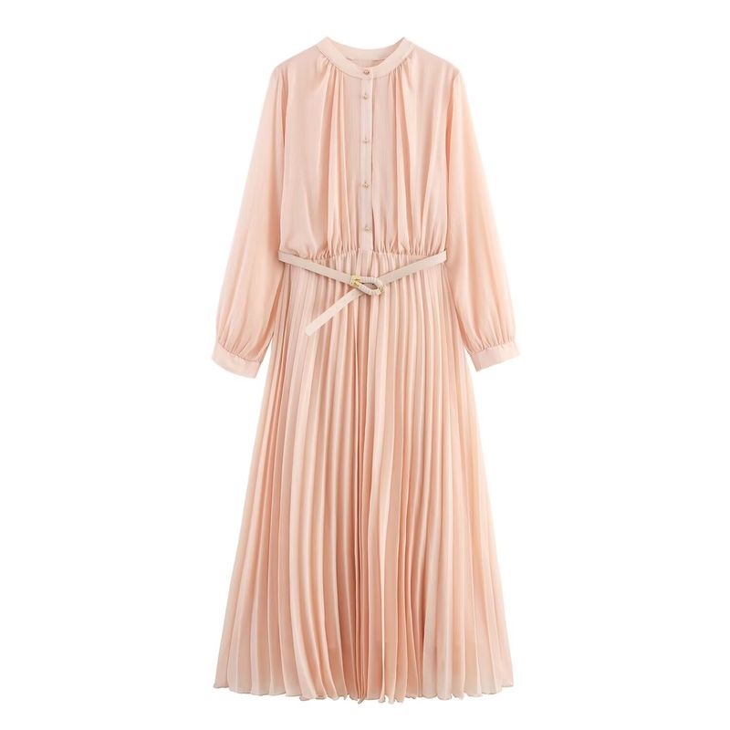 

Zbzr Spring New Women clothes Western Style All-Match With Belt Pleat Midi Long Dress 3897096 Pink High L