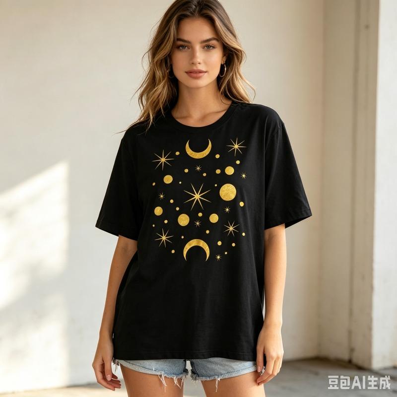 Celestial Moon Star Print Tshirt Minimalist Gold Sky Graphic Tee Casual Summer Tops Loose Fit White Black Tshirt Unisex