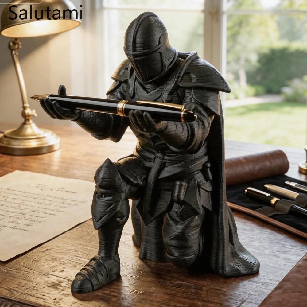 Portapenne Stampato 3D Cavaliere Medievale Statua Guerriero Nero Argento Organizer da Scrivania Decorazione Creativa per Scrivania Ufficio Cancelleria Regalo