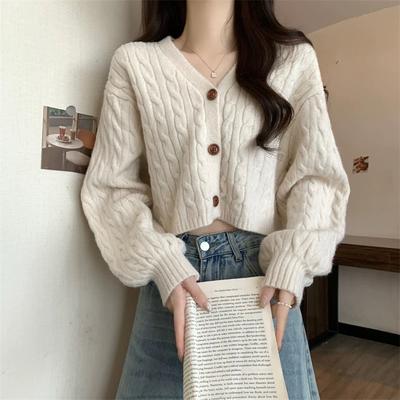 Vintage V-Neck Twist Sweater Coat Loose Long Sleeve Sweater Top