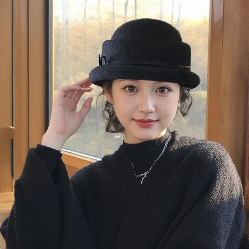 Vintage Hepburn Style Black Round Top Bucket Hat For Women