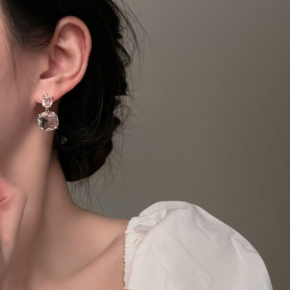 Square Geometric Drop Earrings Sweet Ear Clip Women Exquisite Zircon Earrings  Daily