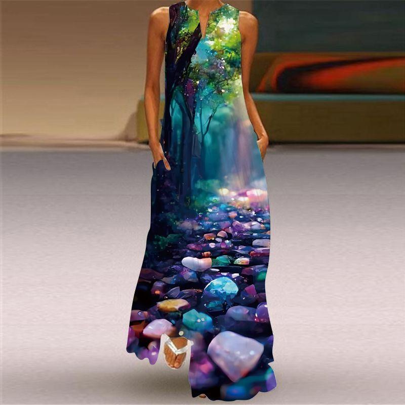 Fashion Style 3D Print Dress Animal Pattern Stage Show Stylish Clothing V Neck Sleeveless Pocket Maxi Dress