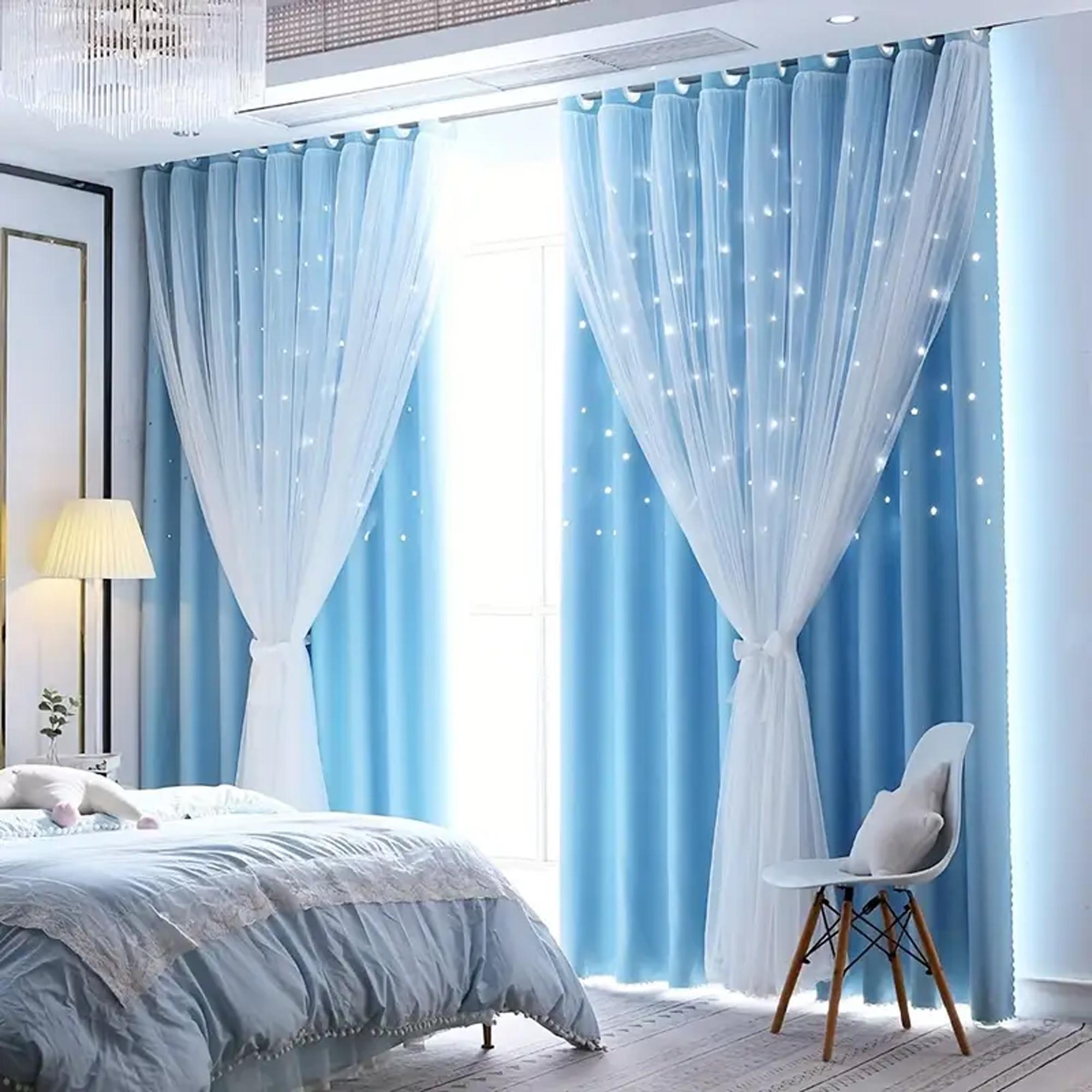 1 stuk Stijlvolle Dubbellaagse Doorzichtige Gekoppelde Gordijnen, Sterren Details, Verduisterend voor Woonkamer, Slaapkamer, Gezellige Dromerige Ruimte 1pc W132xL183 cm&Rod pocket blauw
