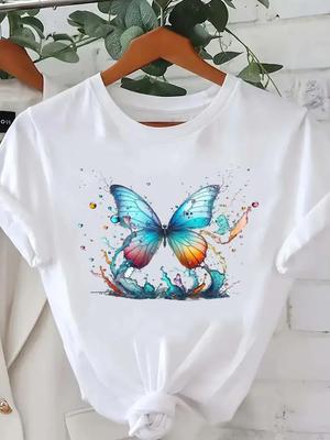(Asian Size) Trend Butterfly Cute Women Printed Lady Casual Short Sleeve T Tee Top Clothing Shirt Fashion Female Graphic T-shirts