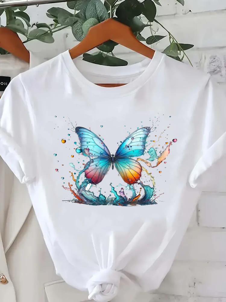 (Asian Size) trend butterfly cute Women Printed Lady Casual Short Sleeve T Tee Top Clothing Shirt Fashion Female Graphic T-shirts