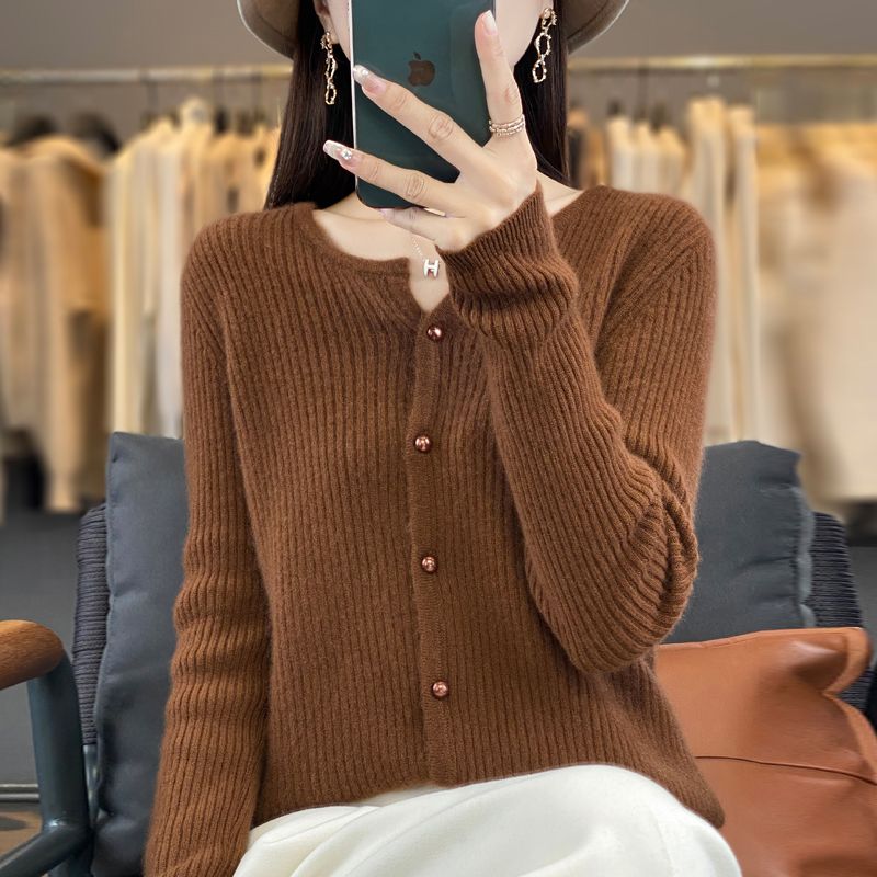 

100% Pure Wool Cardigan Female 2025 Spring & Fall Knitting Outwear Loose Slim Looking Small Short All-Match Sweater Maillard XL