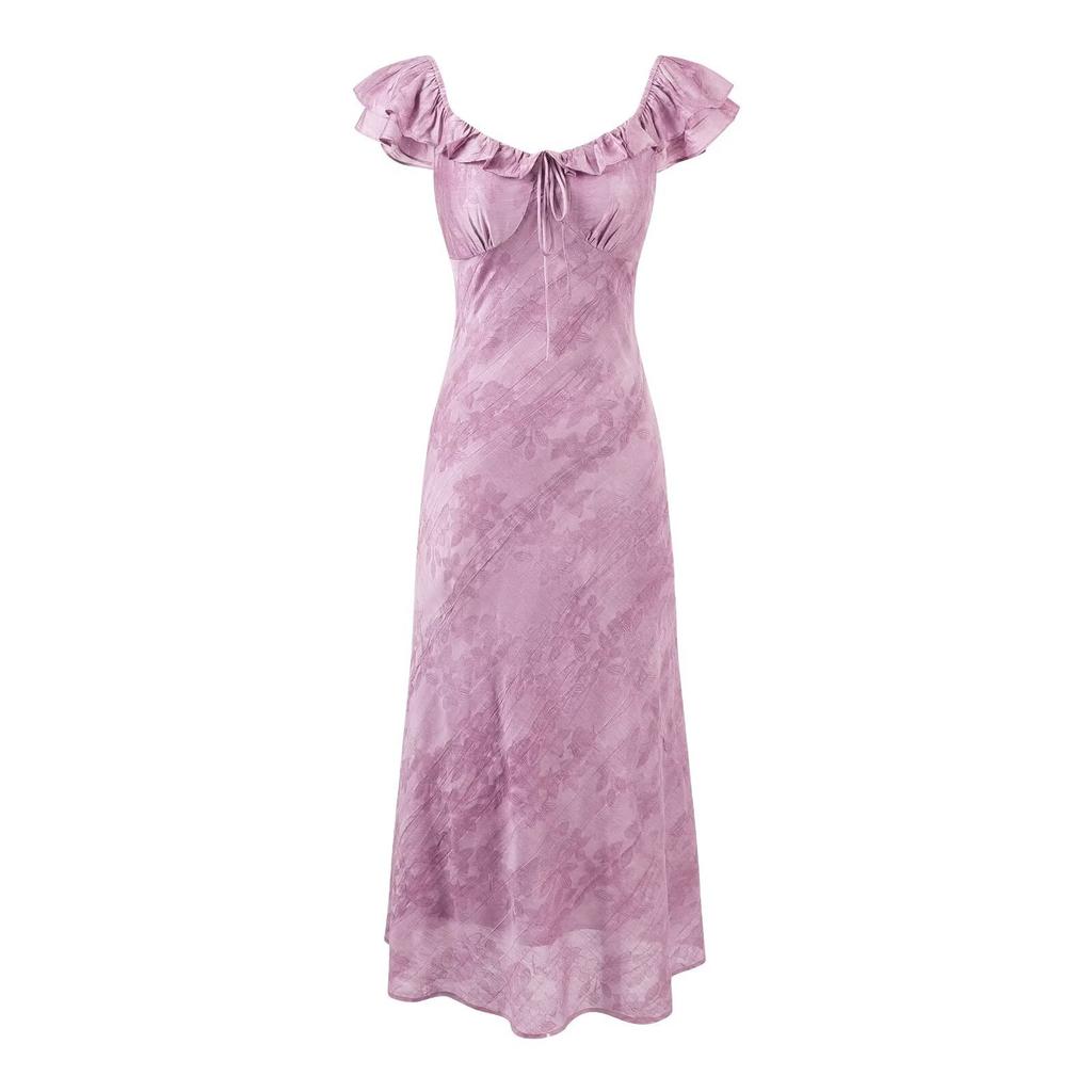 Summer High-quality New French Elegance Temperament Tie-dye Jacquard Lotus Leaf Collar Slim and Thin Long Dress Women