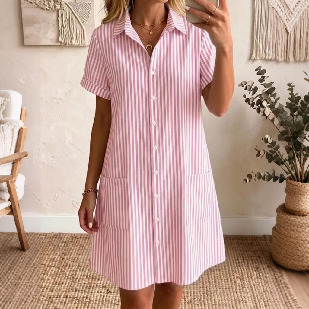 Women's Loose Fit Plus Size Striped Short Sleeve Shirt Dress Casual Mid Length Button Down Dress with Pockets Summer Style