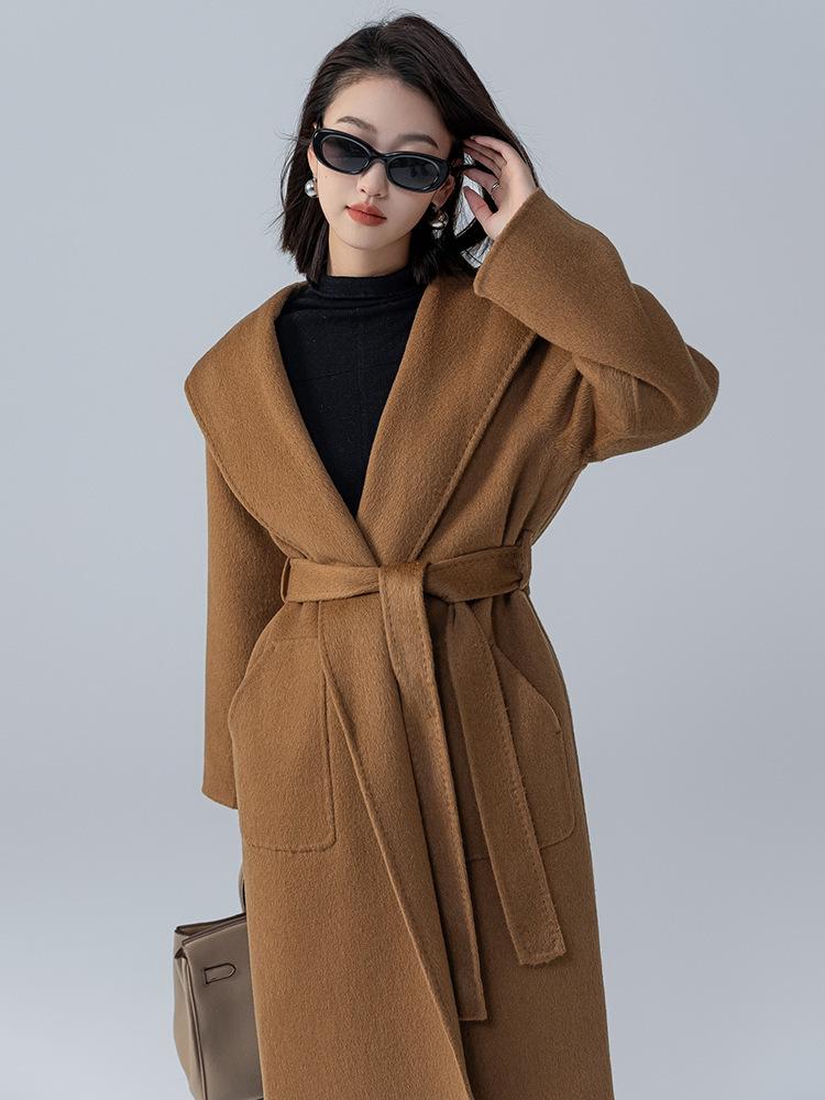 Alpaca Wool Hooded Mid-Length Coat - Autumn/Winter Loose Fit Overcoat