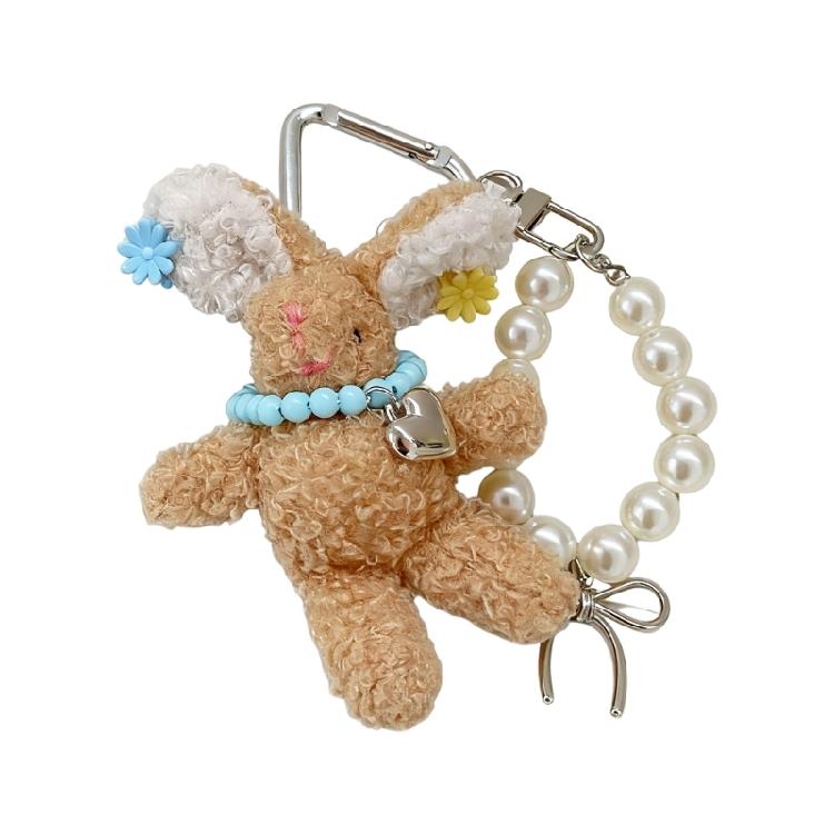 Delicate Rabbit Phone Charm PP Cotton Keychain Pearls Hair Clip Lovely Rabbit Stuffed Keyring Gift For Students