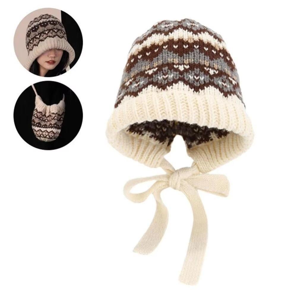 

Retro Striped Knitted Woolen Hat Thickened Windproof Beanie Cap Ethnic Style Cold-proof Strap Ear Protection Hat for Women бежевый