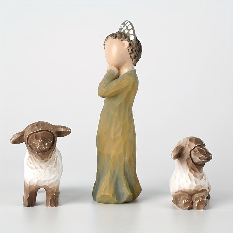 3pcs/set Shepherdess Decoration, Mini Carved Hand Painted Nativity Figure For Christmas Decoration, Resin Shepherdess