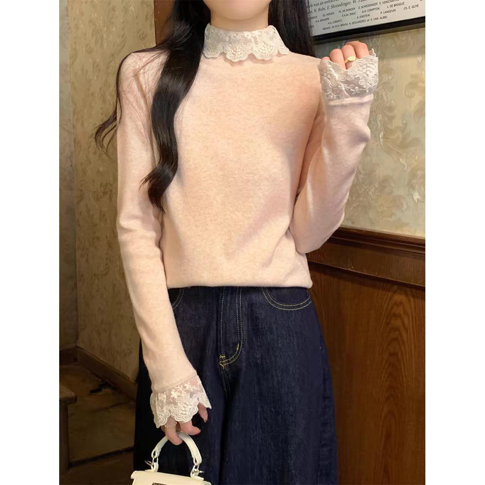 Korean Style Lace Patchwork High Neck Slim Fit Base Layer Top for Spring/Autumn 2026