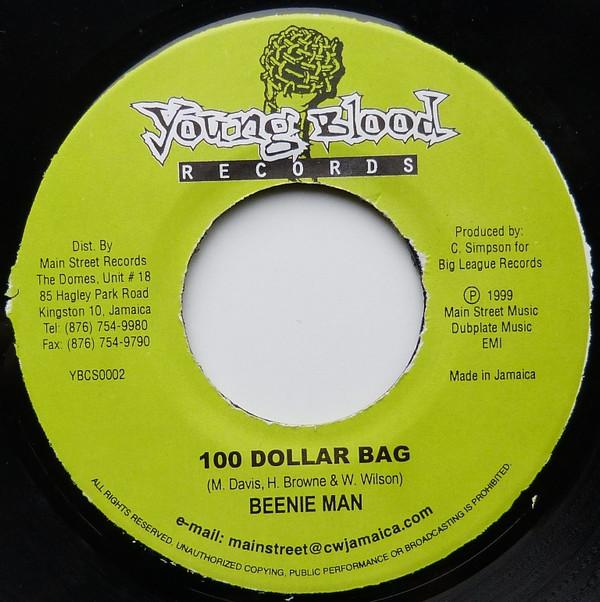 

7-дюймовая пластинка BEENIE MAN - 100 Dollar Bag YBCS0002 Young Blood Rec 1999 Ямайка Регги, Ска и Даб Б/У